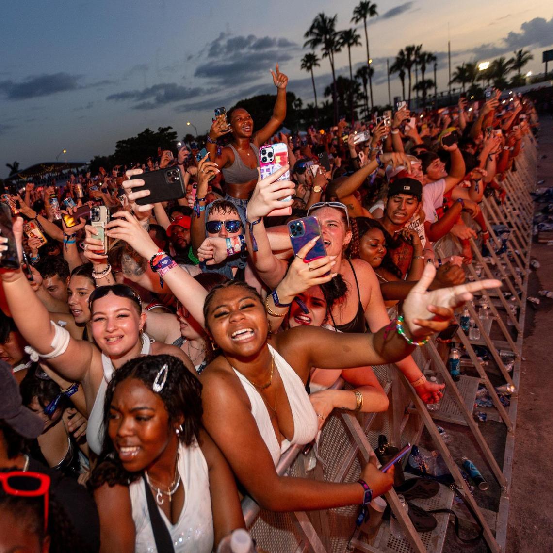 Attendees react to the music during day two of Rolling Loud Miami 2023 at Hard Rock Stadium in Miami Gardens, Florida, on Saturday, July 22, 2023.