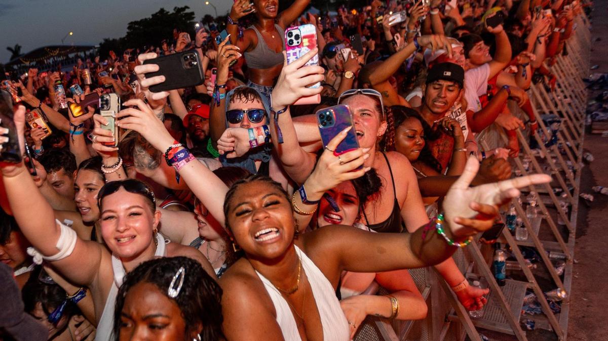 Attendees react to the music during day two of Rolling Loud Miami 2023 at Hard Rock Stadium in Miami Gardens, Florida, on Saturday, July 22, 2023.