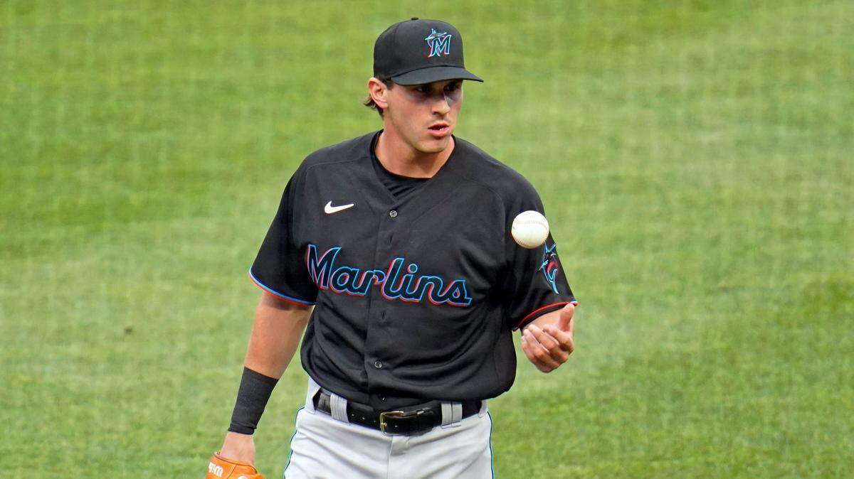 Miami Marlins’ JJ Bleday warms up before a baseball game against the Pittsburgh Pirates in Pittsburgh, Saturday, July 23, 2022. (AP Photo/Gene J. Puskar)