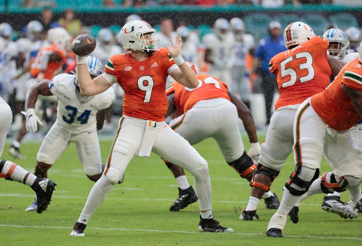 Miami Hurricanes quarterback Tyler Van Dyke (9) sets up to pass in the first quarter against Middle Tennessee State Blue Raiders at Hard Rock Stadium in Miami Gardens on Saturday, September 24, 2022.