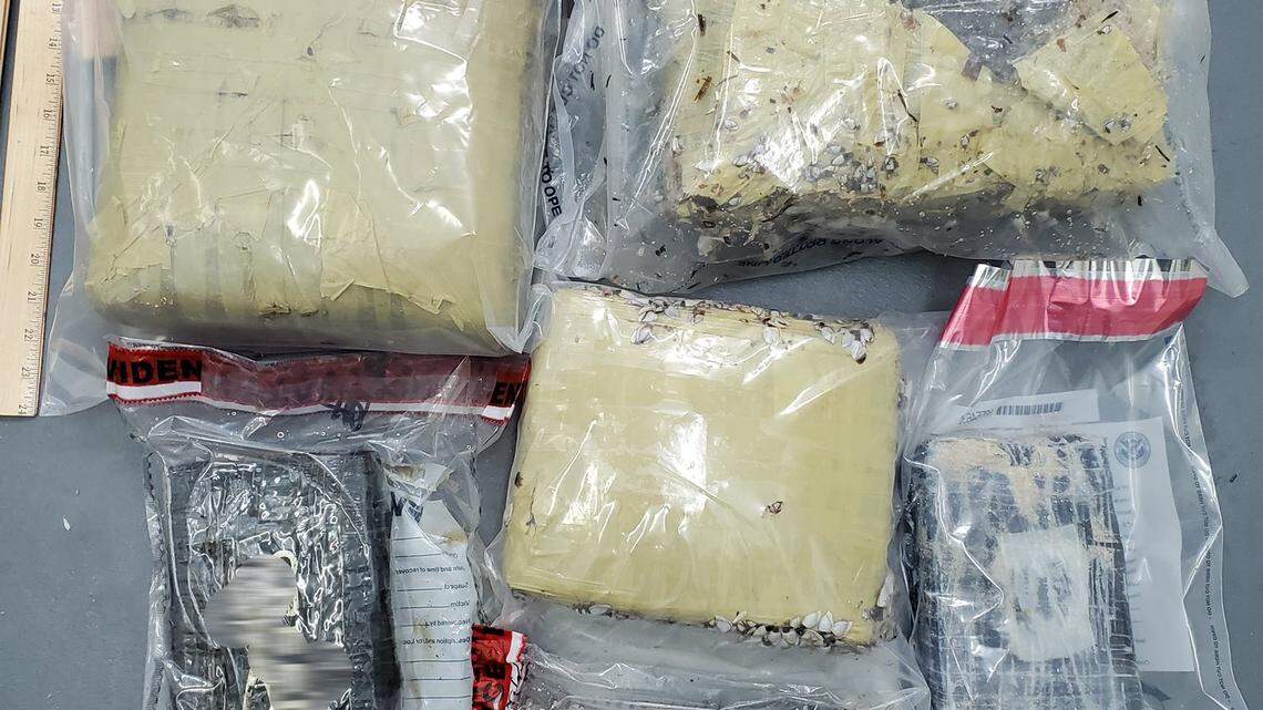 Packages of cocaine and marijuana are displayed. The U.S. Border Patrol said people reported finding the drugs in the Florida Keys the week of April 3, 2022.