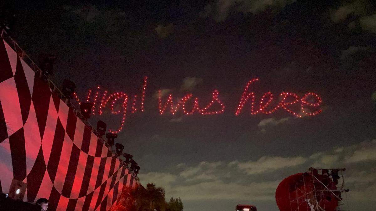 A light show at Louis Vuitton men’s spring 2022 spin-off show pays tribute to Virgil Abloh on Tuesday, November 30th, 2021 in Miami, Florida. Abloh, the artistic director of Louis Vuitton men’s wear, died just two days earlier after a long battle with cancer.