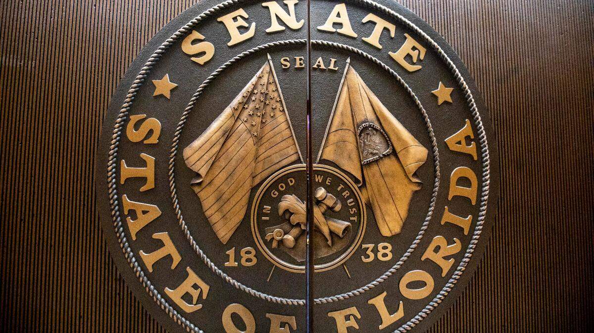 The seal on the doors leading to the Florida Senate Chamber at the new Florida State Capitol building in Tallahassee, Florida, on Monday, December 14, 2020.