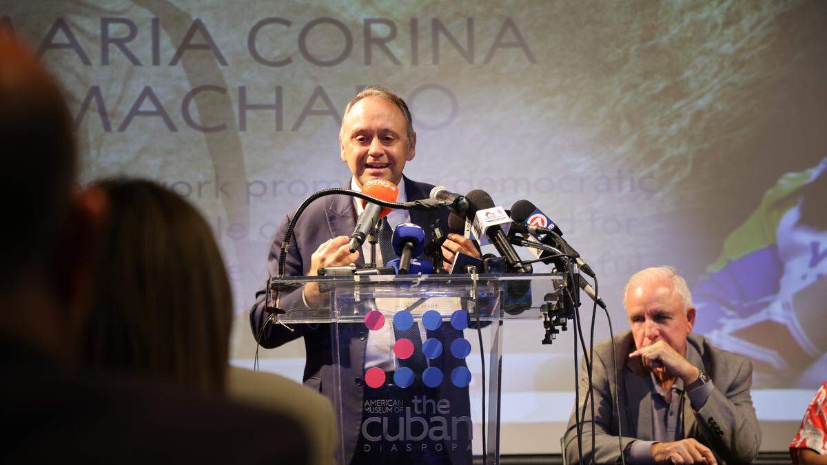 The American Museum of the Cuban Diaspora, led by President Marcell Felipe, at the podium, celebrated the awarding of the Nobel Peace Prize to Venezuelan opposition leader María Corina Machad.o