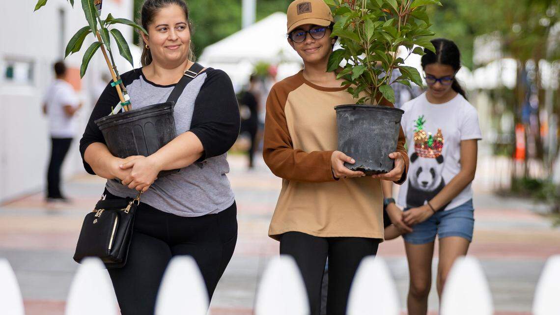 Dayana Chavarria and her daughter, Leyla Chavarria, leave with the free Grafted Mango and Firebush plants they received during Miami-Dade County’s Adopt-a-Tree event outside of the Dennis C. Moss Cultural Arts Center on Saturday, Sept. 23, 2023, in Cutler Bay, Fla. More than 2,500 trees were available for adoption during the event, which drew long lines of attendees.