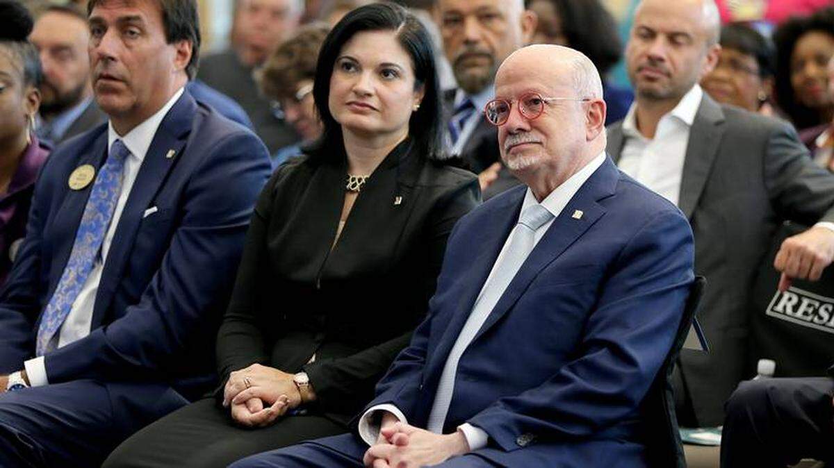 Longtime MDC president Eduardo J. Padrón, who retires Friday, and remaining candidate for his job, Provost Lenore Rodicio.
