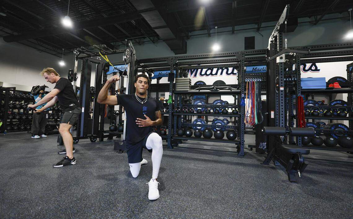 Miami Marlins right-hand pitcher Nigel Belgrave (51) works out in the gym at Marlins Jupiter Academy during the first day of Miami Marlins spring training at Roger Dean Chevrolet Stadium in Jupiter, Florida on Wednesday, February 11, 2026