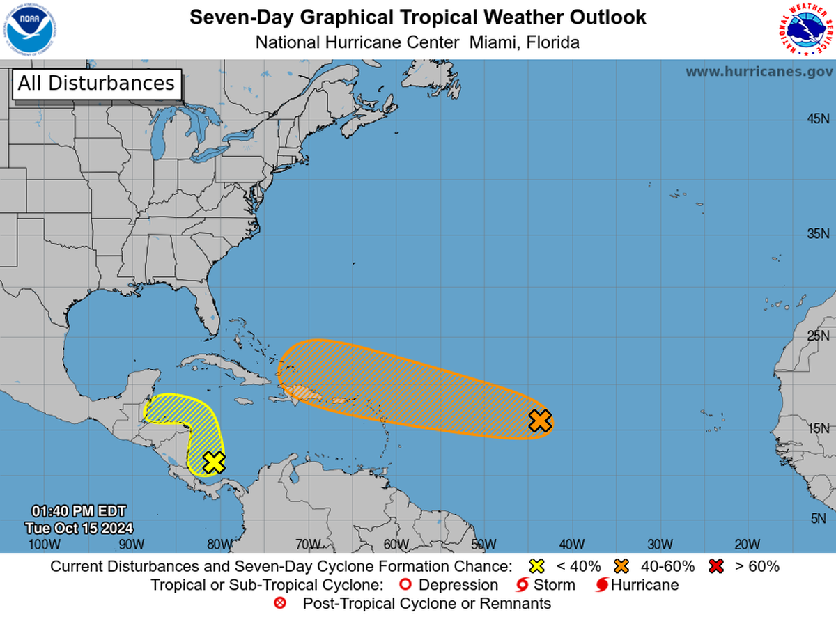 The hurricane center lowered the chances of a storm formation for two systems in the Atlantic basin.