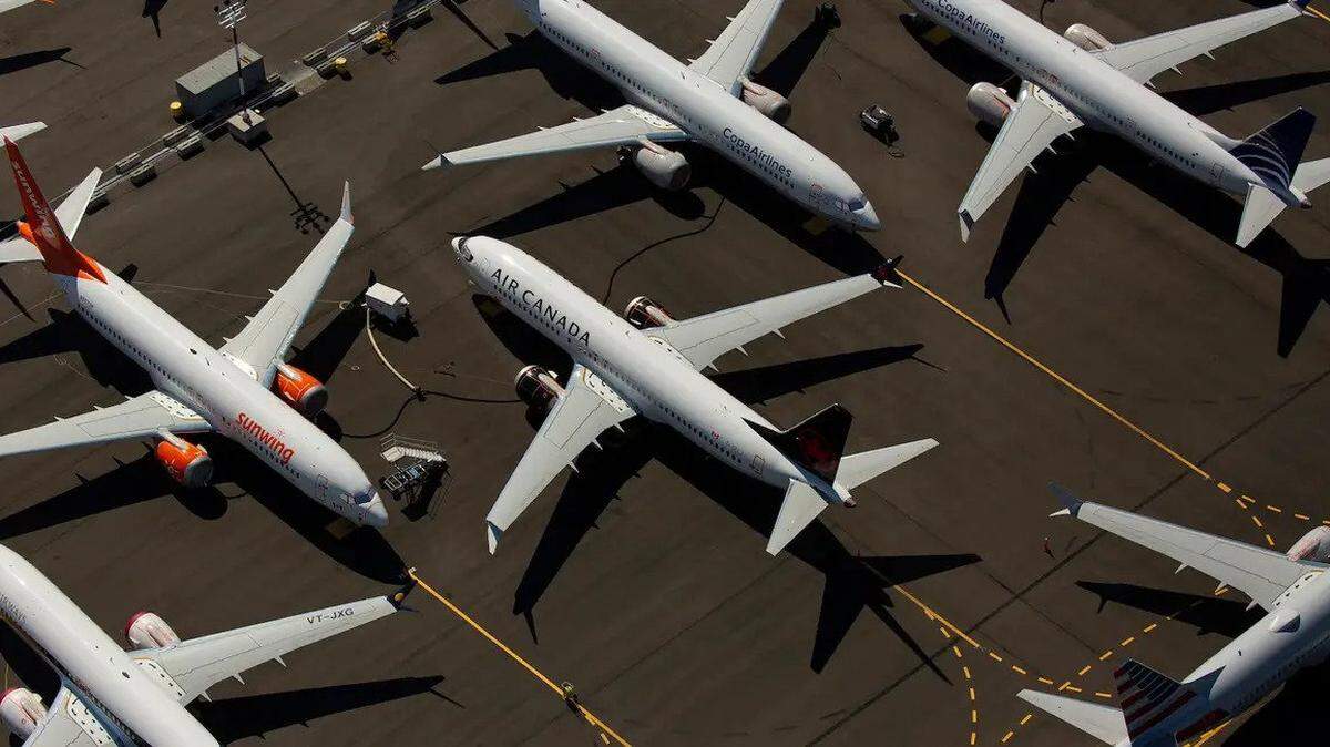 Boeing 737 MAX planes parked on company property in 2019, grounded after two fatal crashes.