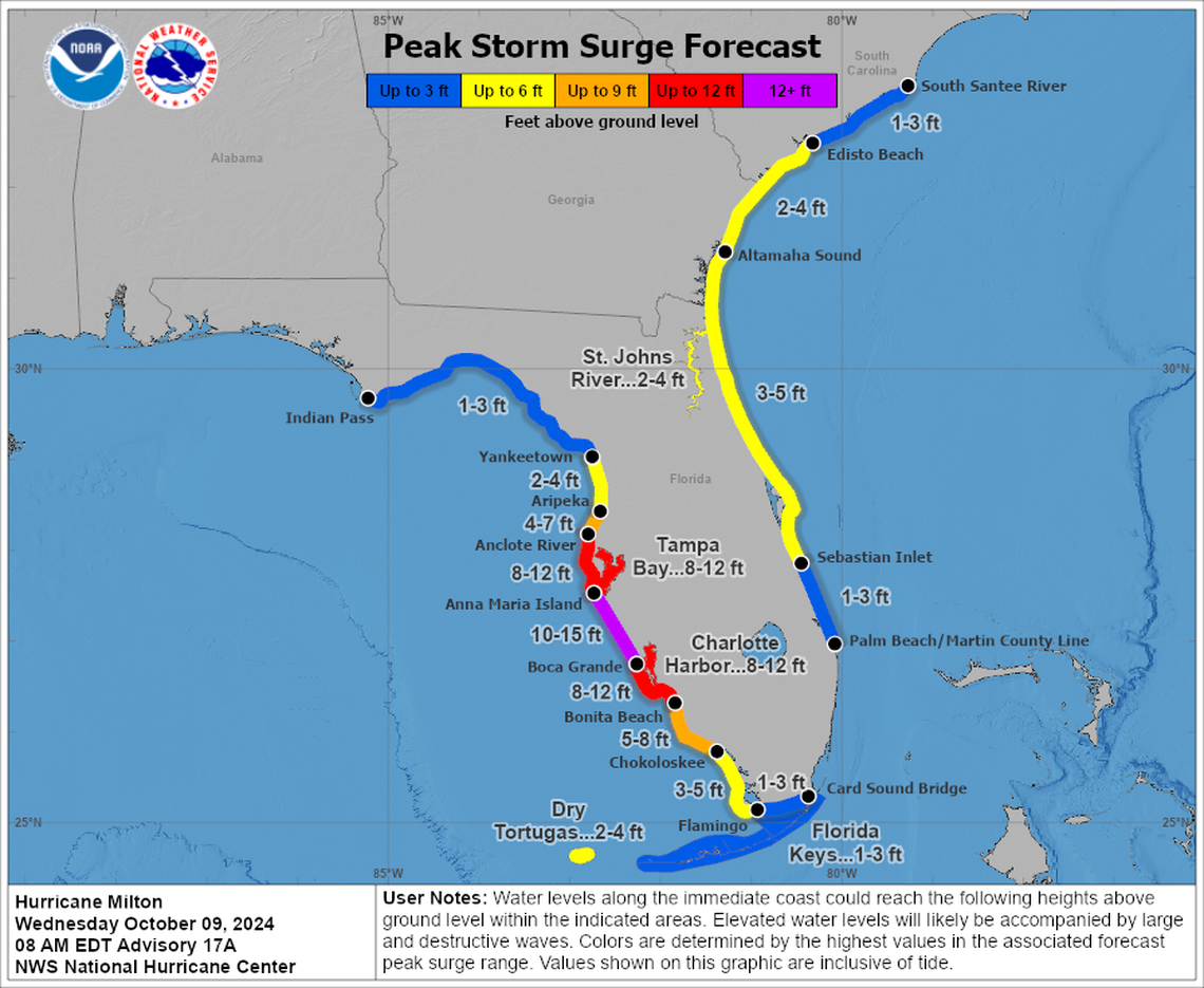 The National Hurricane Center’s peak storm surge forecast map released on Wednesday, Oct. 9, 2024, ahead of Hurricane Milton’s landfall somewhere along the state’s west coast.