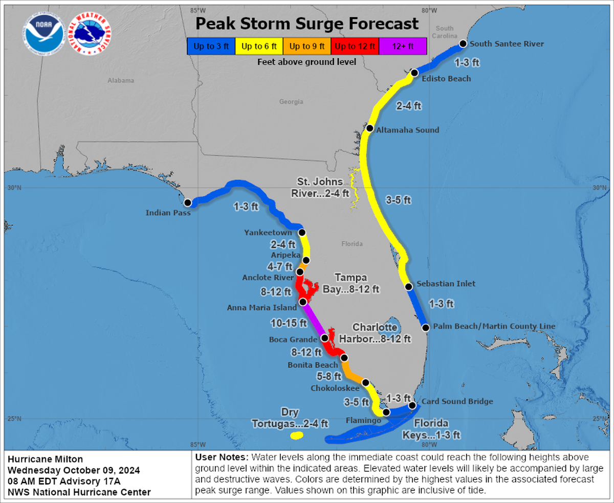 The National Hurricane Center’s peak storm surge forecast map released on Wednesday, Oct. 9, 2024, ahead of Hurricane Milton’s landfall somewhere along the state’s west coast.