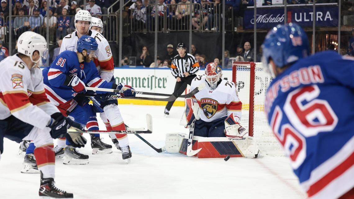 May 24, 2024; New York, New York, USA; Florida Panthers goaltender Sergei Bobrovsky (72) makes a save against New York Rangers defenseman Erik Gustafsson (56) during the second period in game two of the Eastern Conference Final of the 2024 Stanley Cup Playoffs at Madison Square Garden.