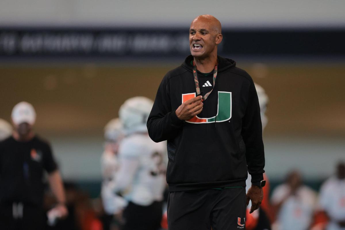 Miami Hurricanes defensive line coach Jason Taylor reacts during spring practice at the Carol Soffer Indoor Practice Facility at the University of Miami in Coral Gables, Florida, Thursday, March 20, 2025.