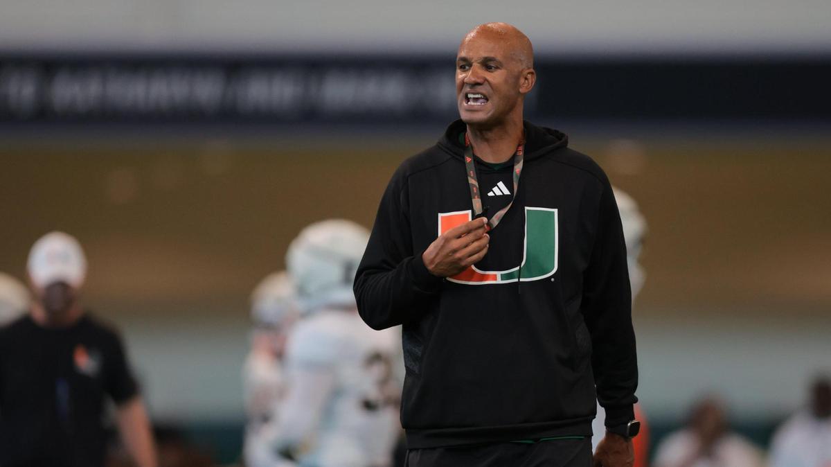 Miami Hurricanes defensive line coach Jason Taylor reacts during spring practice at the Carol Soffer Indoor Practice Facility at the University of Miami in Coral Gables, Florida, Thursday, March 20, 2025.