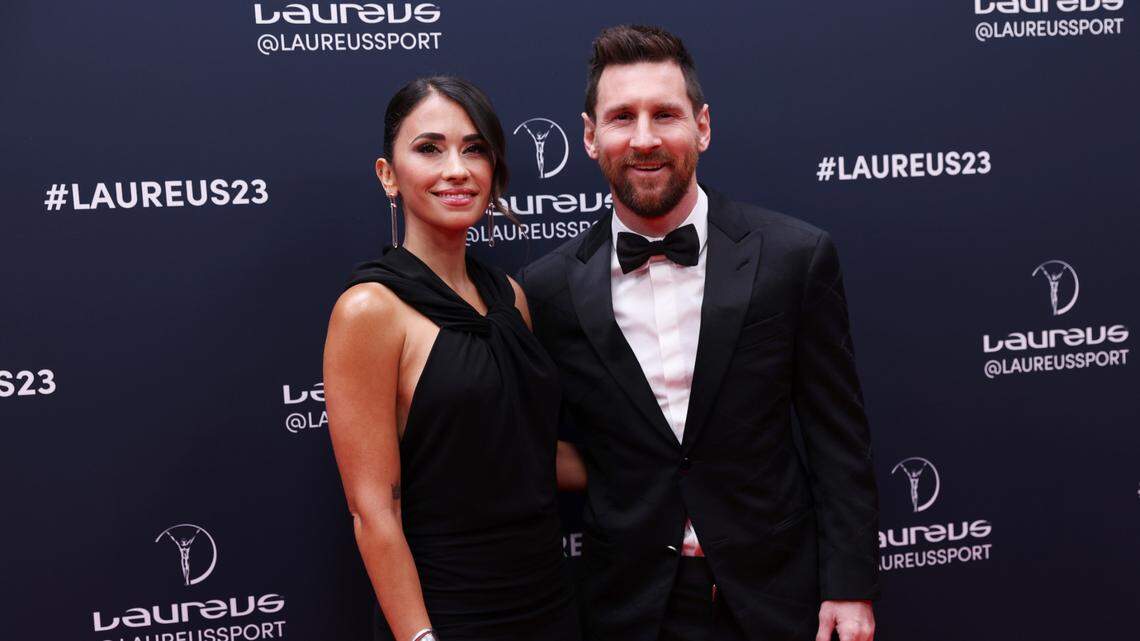 Argentinian football player Lionel Messi (R) and his wife Antonela Roccuzzo are seen on the red carpet prior to the 2023 Laureus World Sports Awards ceremony in Paris, France, May 8, 2023. (Xinhua/Gao Jing) (Photo by Xinhua/Sipa USA)