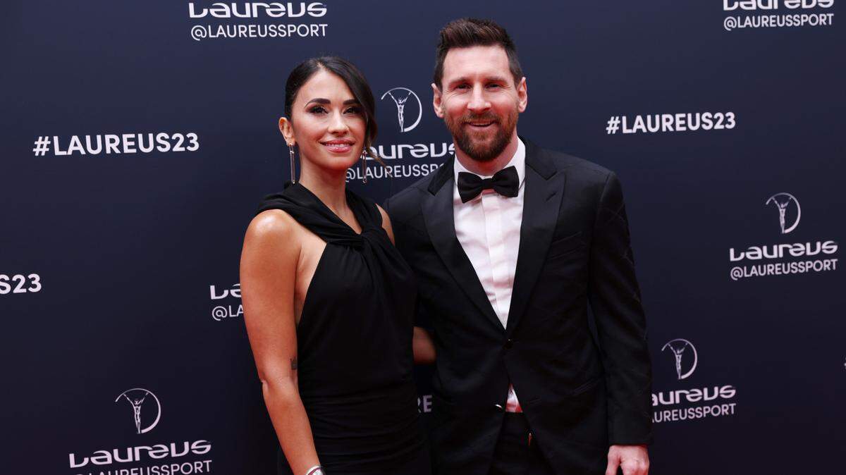 (230509) -- PARIS, May 9, 2023 (Xinhua) -- Argentinian football player Lionel Messi (R) and his wife Antonela Roccuzzo are seen on the red carpet prior to the 2023 Laureus World Sports Awards ceremony in Paris, France, May 8, 2023. (Xinhua/Gao Jing) (Photo by Xinhua/Sipa USA)