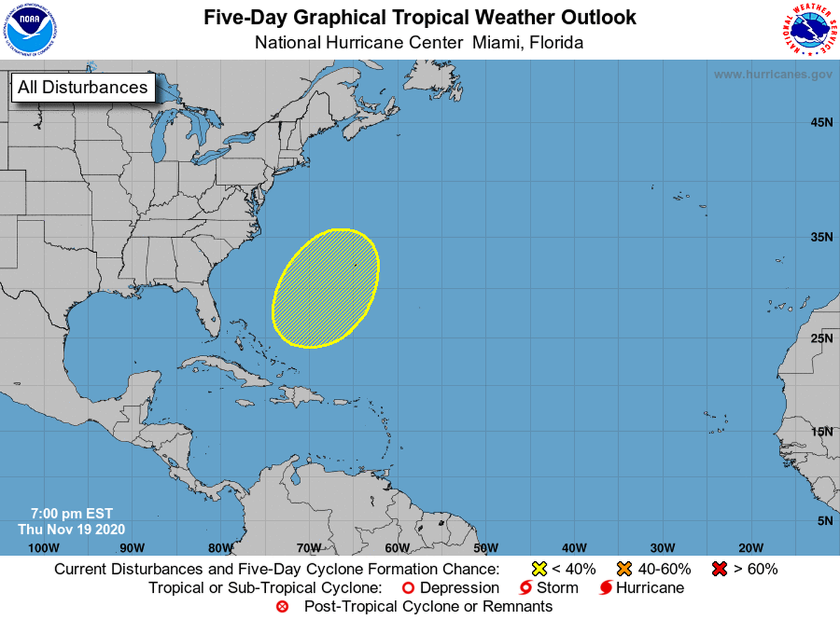 As of the 7 p.m. advisory Thursday, the only disturbance being tracked in the Atlantic is a non-tropical area of low pressure that could form between the Bahamas and Bermuda by early next week.