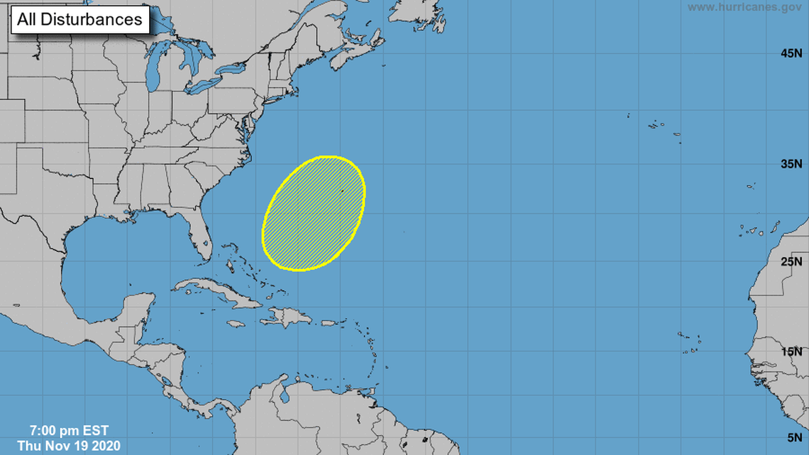 As of the 7 p.m. advisory Thursday, the only disturbance being tracked in the Atlantic is a non-tropical area of low pressure that could form between the Bahamas and Bermuda by early next week.