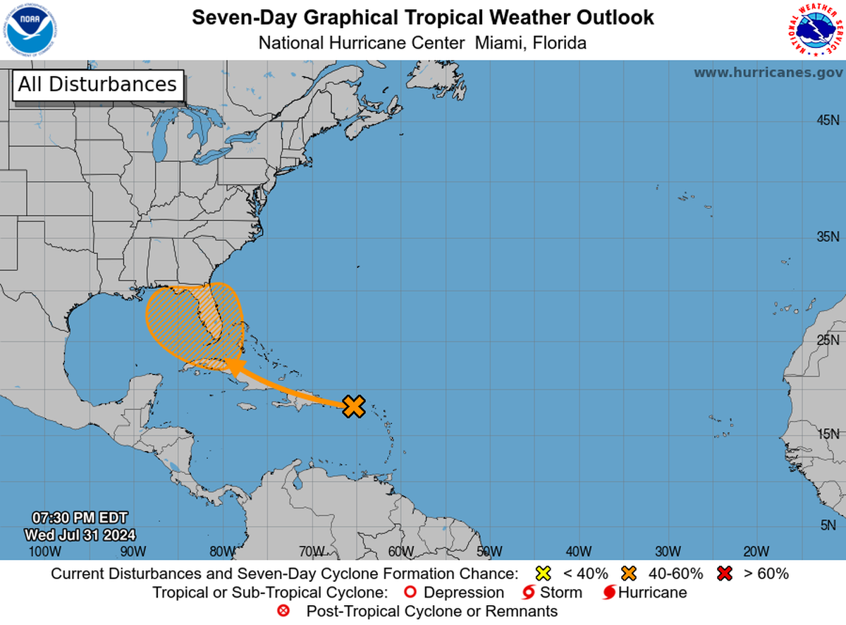 The tropical system still has a 60% chance of forming into a tropical depression in the next seven days.