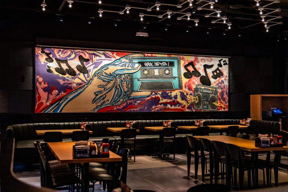 The boombox booth at the new Black Tap Craft Burgers & Beer in Brickell.