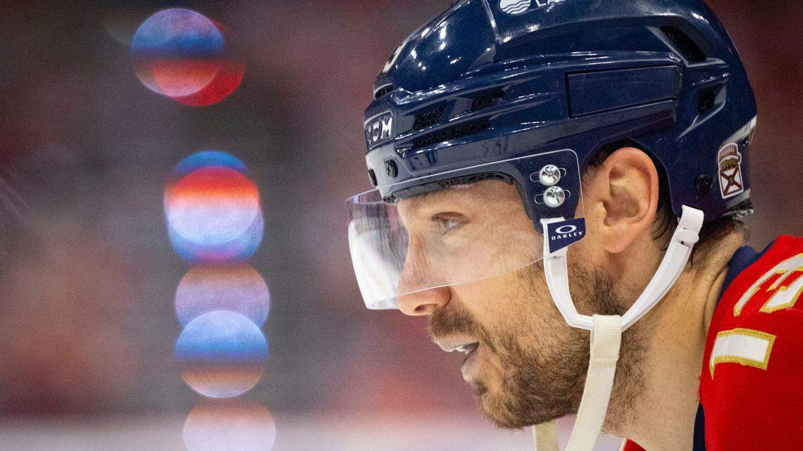 Florida Panthers center Sam Reinhart (13) second before p the puck is put in play during the third period of Game 4 of a Stanley Cup playoffs second-round series against the Toronto Maple Leafs on Sunday, May 11, 2025, at Amerant Bank Arena in Sunrise, Fla. The Florida Panthers won 2-0.