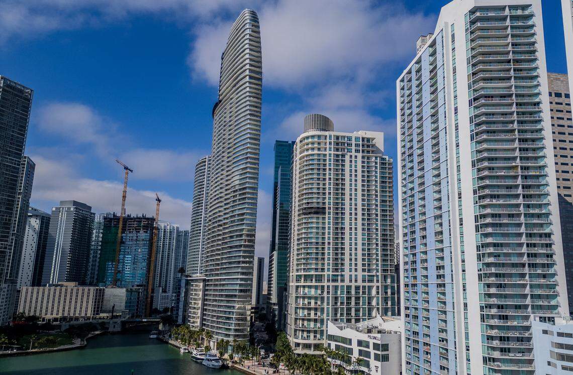 View of the Aston Martin Residences (center) building located at 300 Biscayne Blvd Way, Miami, FL, on Tuesday, Dec 30, 2025..
