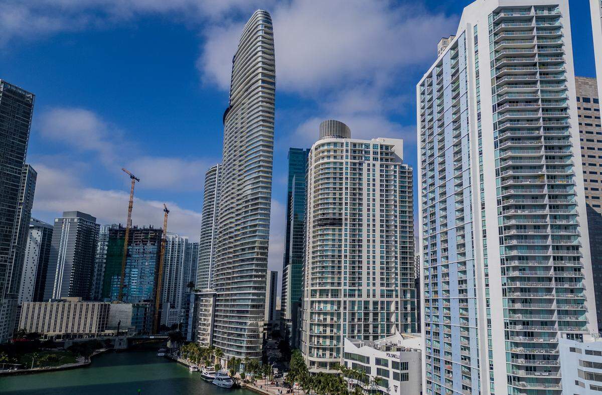 View of the Aston Martin Residences (center) building located at 300 Biscayne Blvd Way, Miami, FL, on Tuesday, Dec 30, 2025..