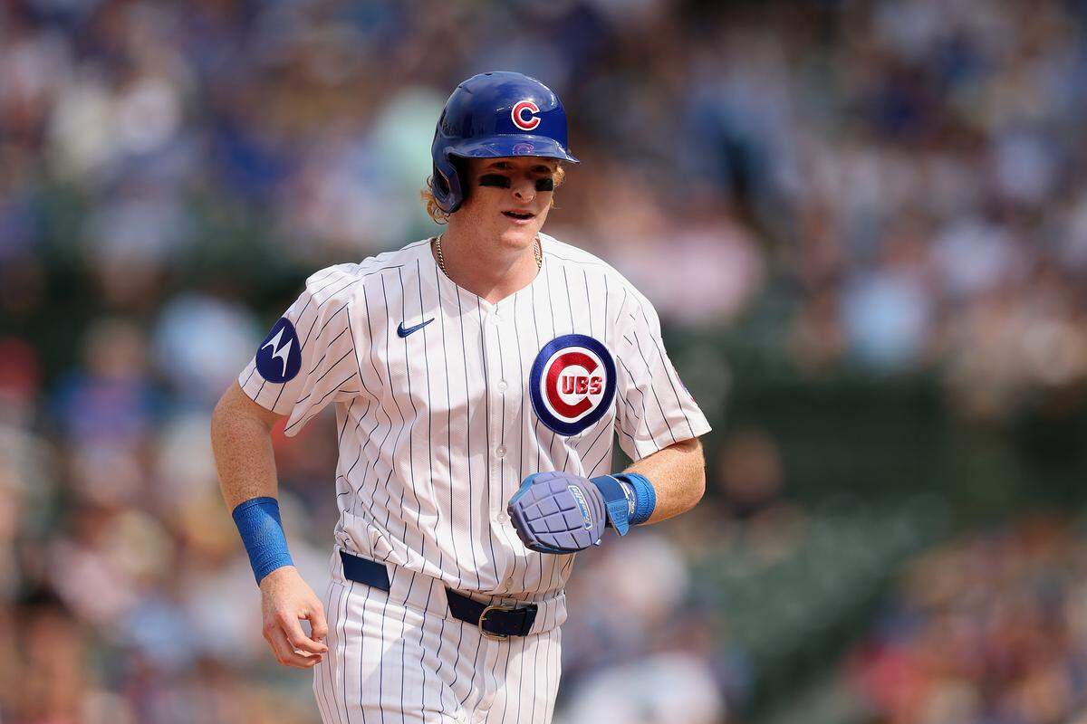 Owen Caissie #19 of the Chicago Cubs in action against the Milwaukee Brewers in game one of a doubleheader at Wrigley Field on August 18, 2025 in Chicago, Illinois.