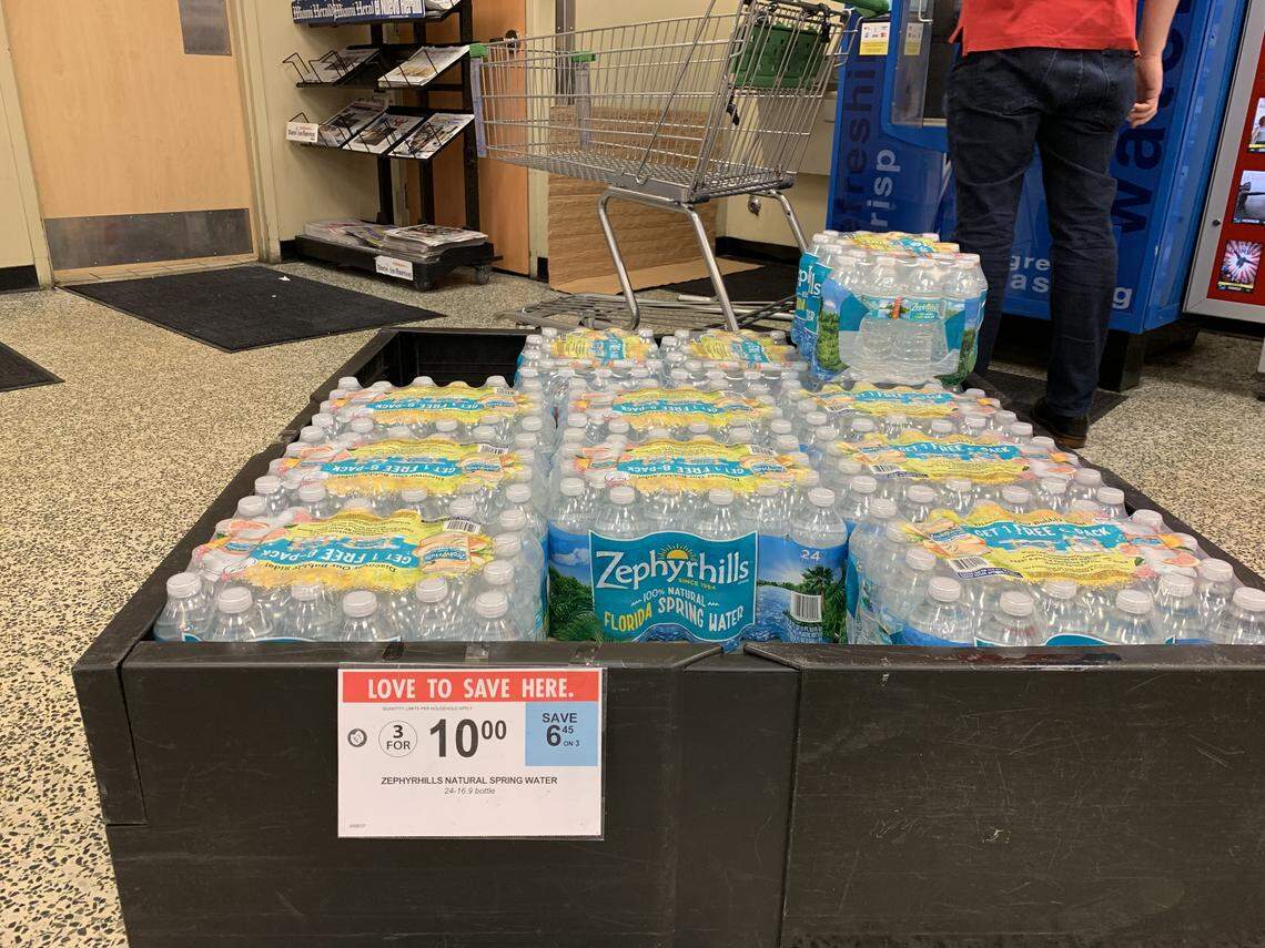 A stack of Zephyrhills water at the Publix in Doral near the customer service department at the store’s front was nearly depleted after being “people tall” earlier in the morning on Aug. 28, 2019, as word of growing Hurricane Dorian sent Floridians to stores to stock up on supplies. Publix said they have no shortage of water and will be replenishing supplies through the state.