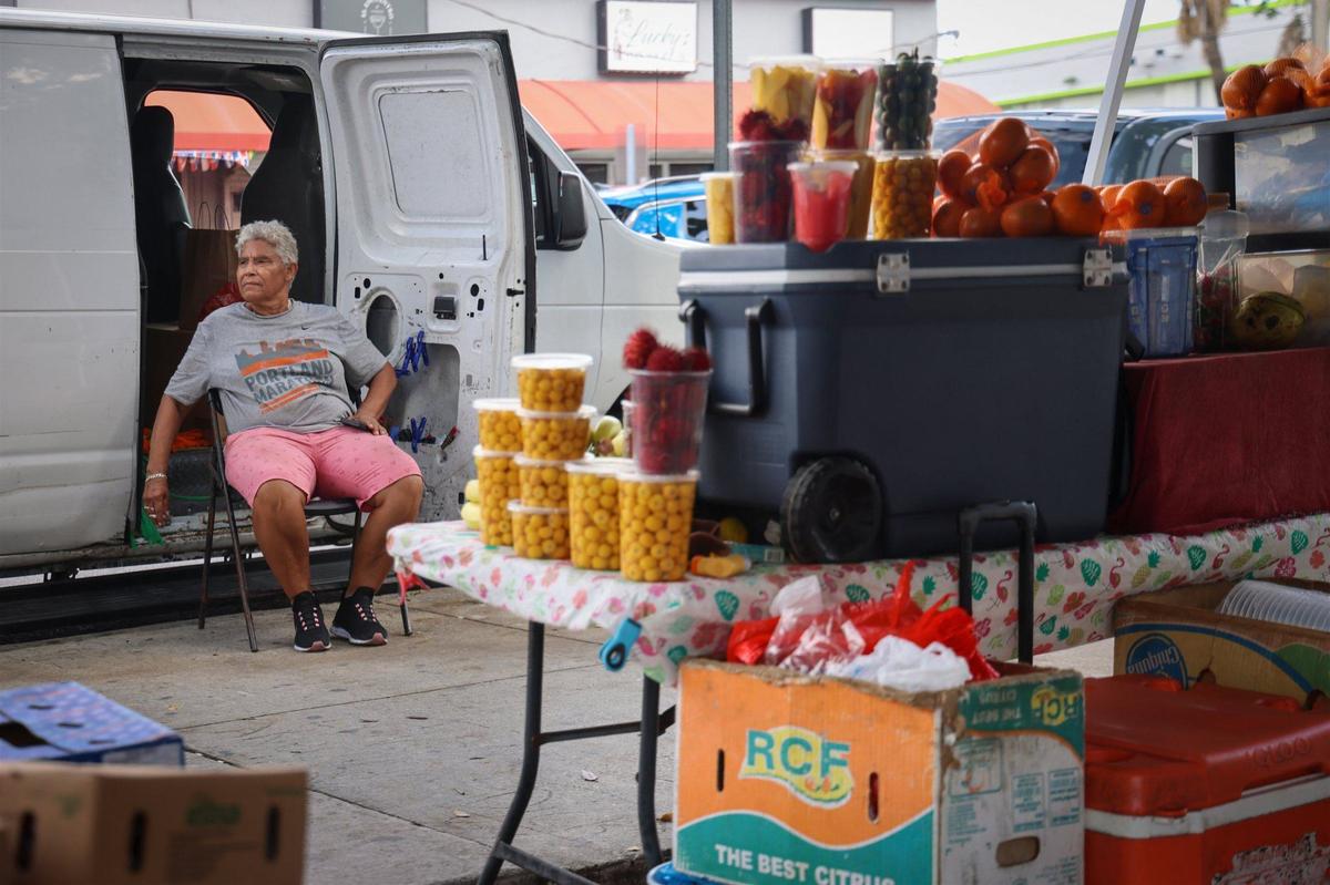 A fruit vendor takes a break as Miami City Commissioner Damian Pardo and Omni CRA Executive Director Isiaa Jones toured Allapattah on Monday, Sept. 9, 2024, in Miami.
