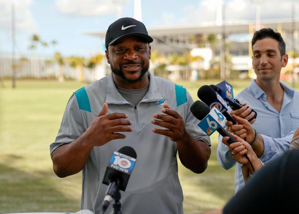 Miami Dolphins defensive assistant coach Pat Surtain talks with the reporters during media availability at Baptist Health Training Complex in Hard Rock Stadium on Wednesday, February 23, 2022 in Miami Gardens, Florida.