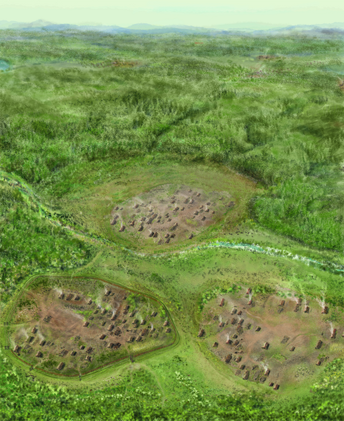 An illustration showing the Vráble-Ve`lke Lehemby settlement site during the Neolithic period.