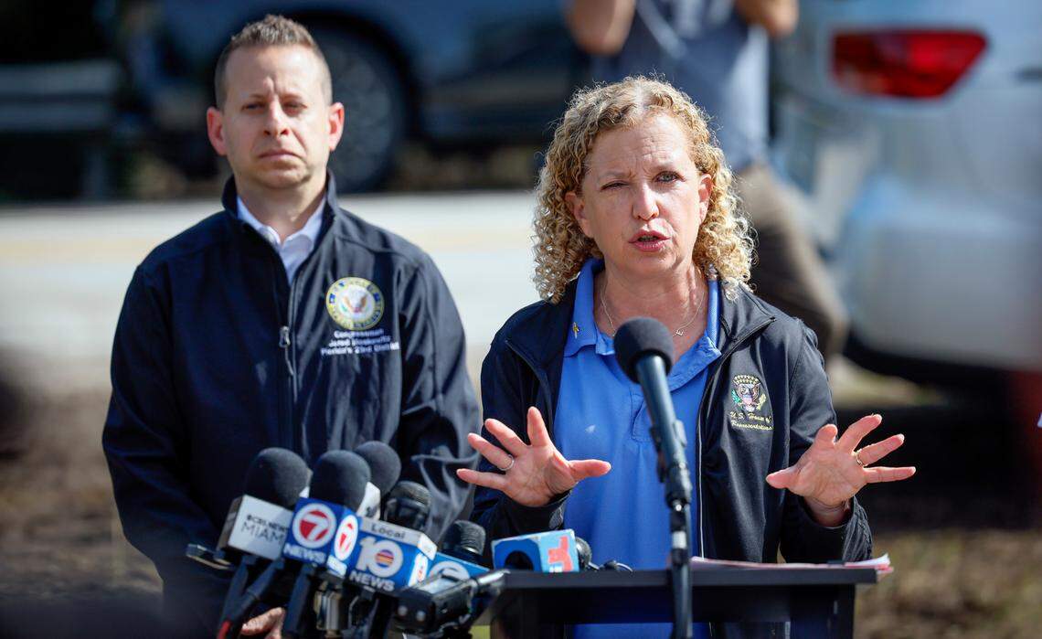 U.S. Representative Debbie Wasserman Schultz speaks to reporters during a press conference before touring Alligator Alcatraz. The facility is within the Florida Everglades, 36 miles west of the central business district of Miami, in Collier County, Florida Saturday, July 12, 2025.