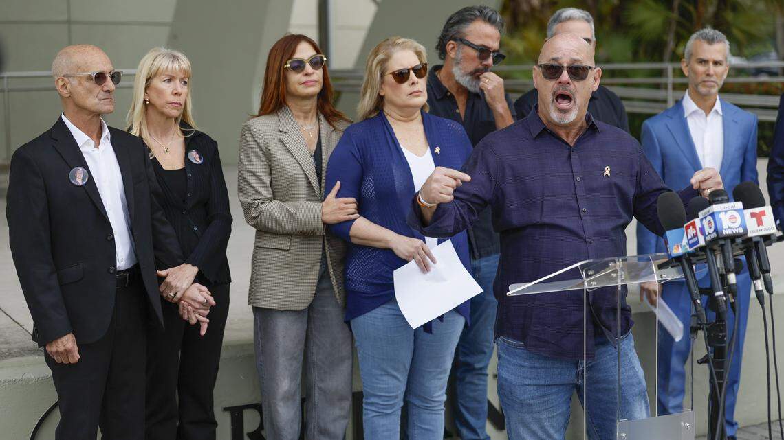 Fred Guttenberg, the father of Jaime Guttenberg, speaks as the families of students killed during the Marjory Stoneman Douglas High School shooting hold a press conference at Pine Trails Park Amphitheater in Parkland, Florida on Thursday, February 5, 2026. They addressed legislation, Broward Sherriff's office and the eight years since the mass shooting occurred when 19-year-old Nikolas Cruz opened fire on students and staff.