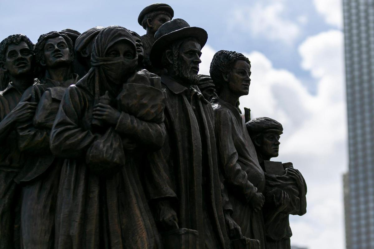 The traveling bronze sculpture titled “Angels Unawares,” is on display at Bayfront Park in downtown Miami on Wednesday, February 10, 2021. The life-sized sculpture will be open to the public daily for viewing until April 8. The sculpture weighs four tons and is 20-feet long. It features indigenous people, Jews fleeing Nazi Germany, Joseph, Mary, Jesus, and much more.