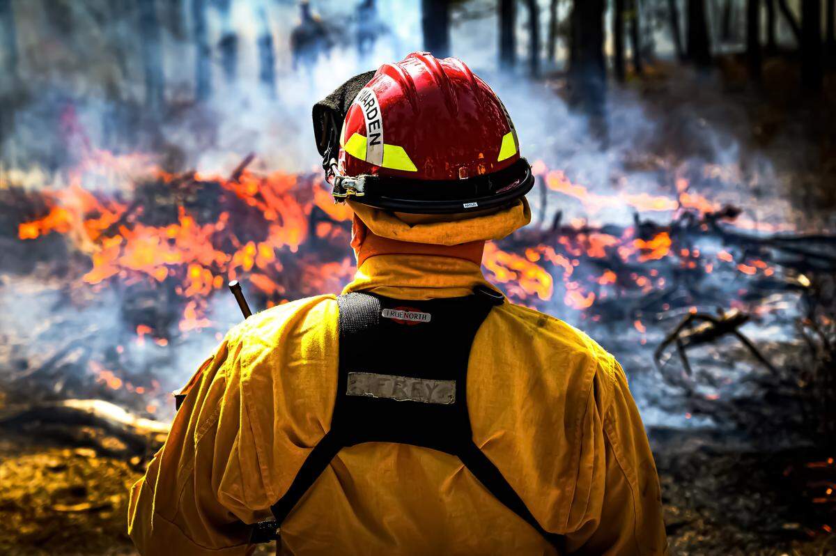 Firewardens with the New Jersey Forest Fire Service monitor undergrowth during a firebreak demonstration at Manchester Township, N.J. in Manchester Township, N.J., March 13, 2024. Officials toured a strategic forest fuel break in Manchester Township, Ocean County, one of three wildfire resilience projects in the Pinelands funded through the U.S. Department of Defense’s Readiness and Environmental Protection Integration Challenge Program. REPI facilitates long-term partnerships to improve resilience to climate change, preserve wildlife habitats and natural resources, and promote sustainable land uses near military installations and ranges. 