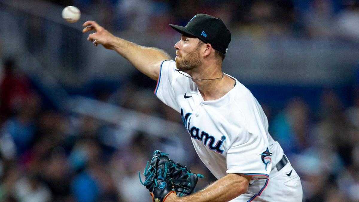 Miami Marlins pitcher Anthony Bender (55) throws the ball during the ninth inning of an MLB game against the Seattle Mariners at loanDepot park in the Little Havana neighborhood of Miami, Florida, on Saturday, April 30, 2022. The Marlins defeated the Mariners 3-1.