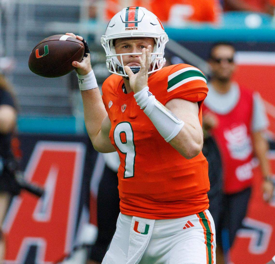 Miami Hurricanes quarterback Tyler Van Dyke (9) sets up to pass against Texas A&M during the first quarter of an NCAA non conference game at Hard Rock Stadium on Saturday, Sept. 9, 2023 in Miami Gardens, Florida.
