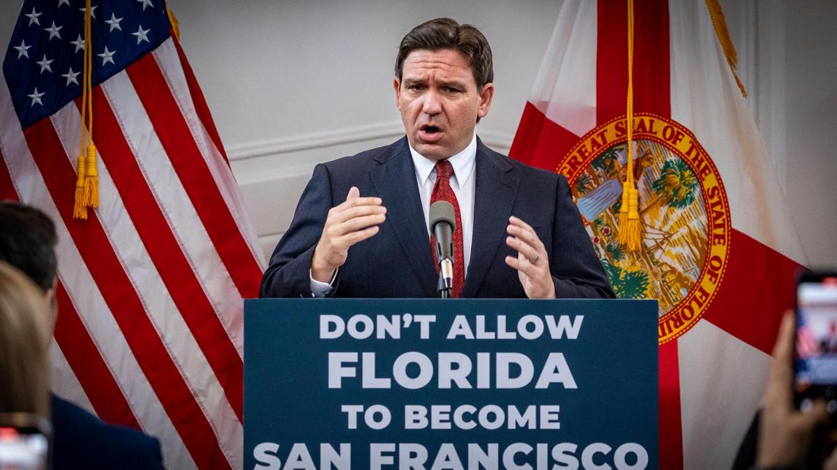 Florida Governor Ron DeSantis speaks during an event at the Rum Room in Miami Beach, Florida, on February 2, 2024.