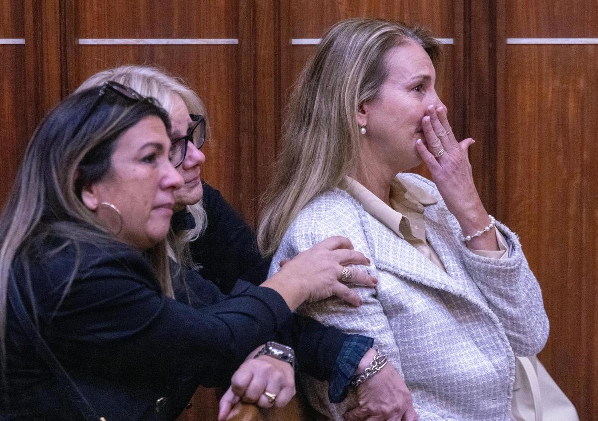 .Aimee Artiles, the wife of the former Florida state legislator Frank Artiles, reacts after Miami-Dade Circuit Court Judge Miguel M. De la O sentences her husband to 60 days in jail, the withhold of adjudication, and five years probation, Monday, Nov. 18, 2024, in Miami, Florida. Artiles was convicted of orchestrating a ghost candidate scheme in a Florida state senate race in which the Republican candidate won by 32 votes against an established Democratic incumbent.