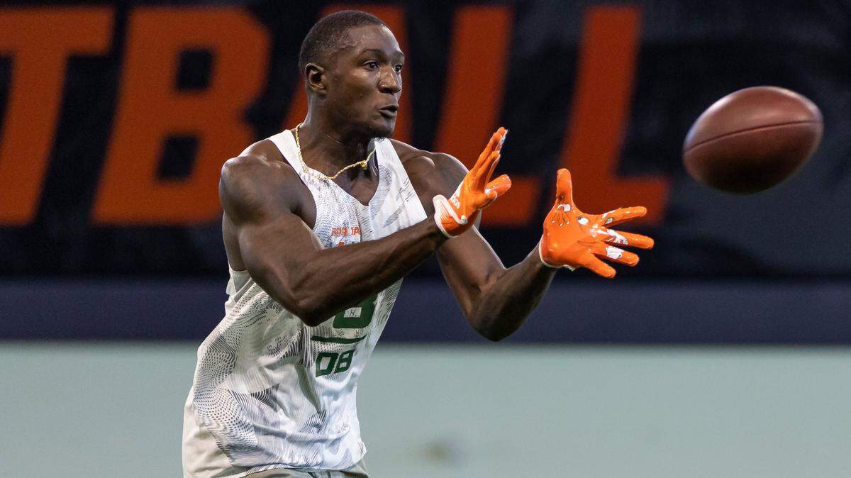 Cornerback DJ Ivey runs drills during Football Pro Day at the University of Miami’s indoor practice facility on Monday, March 27, 2023 in Coral Gables, Fla.