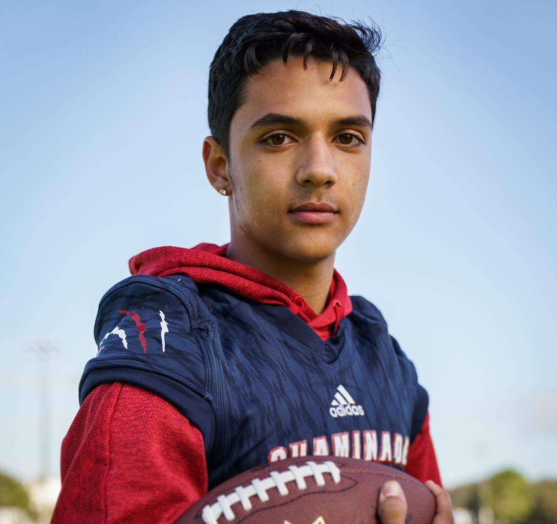 Andres Borregales of Chaminade-Madonna poses for a photo during the All-Broward County photo session at Brian Piccolo Park on Wednesday, January 21, 2020 in Pembroke.