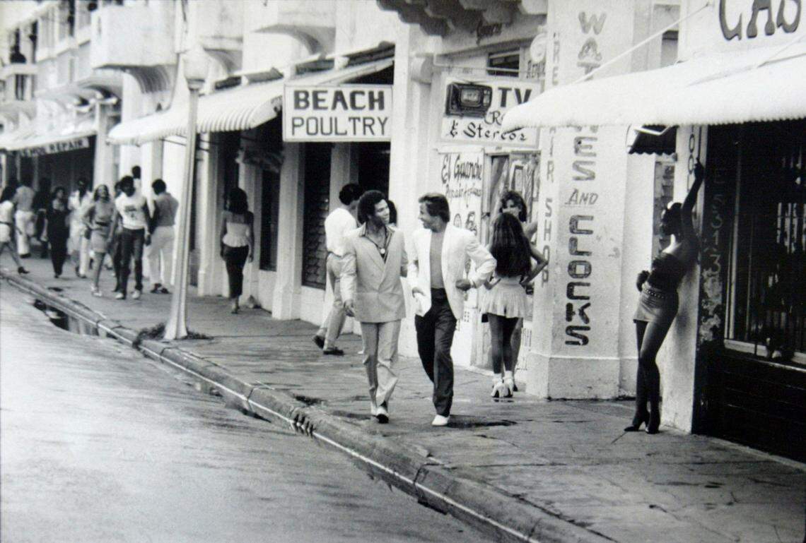 Don Johnson and Philip Michael Thomas during the filming “Miami Vice” on Espanola Way. In the background is Beach Poultry at 429 Espanola Way.