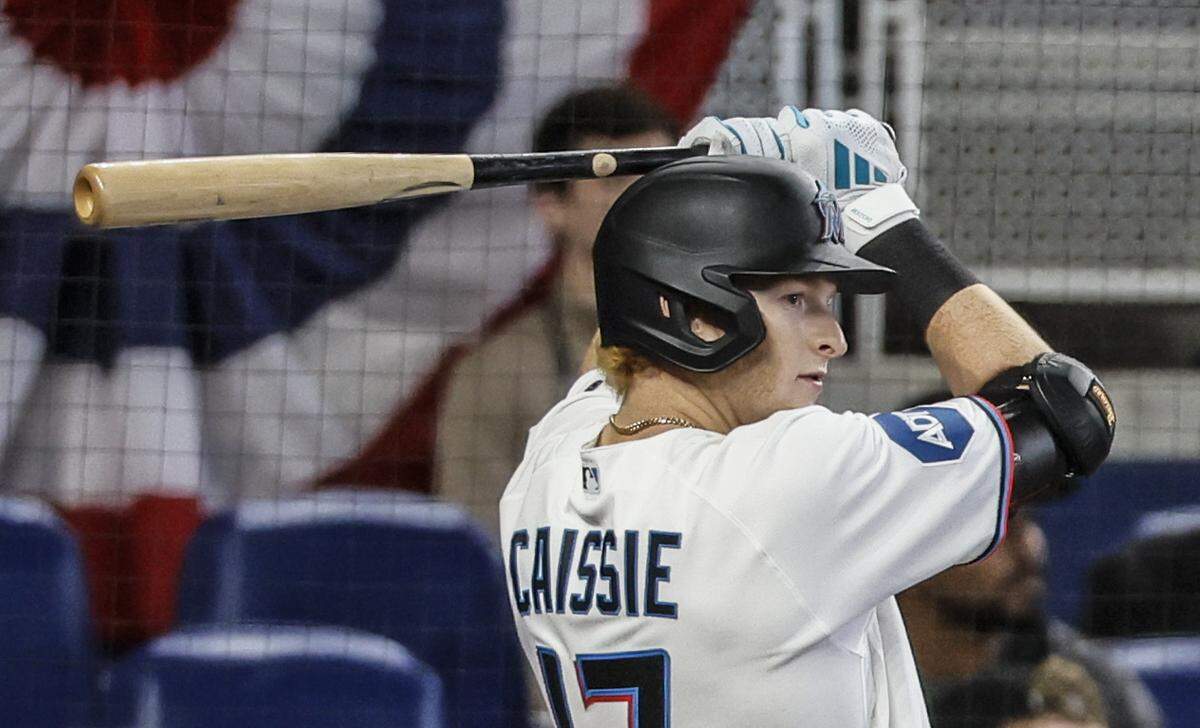 Miami Marlins right fielder Owen Caissie (17) warms up to bat during the game against the Chicago White Sox at loanDepot Park in Miami, Florida, on Wednesday, April 1, 2026.