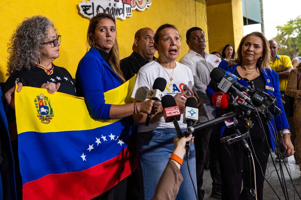 Adelys Ferro, executive director of the Venezuelan American Caucus, speaks at a press conference at El Arepazo restaurant on Feb. 3, 2025, in Doral.