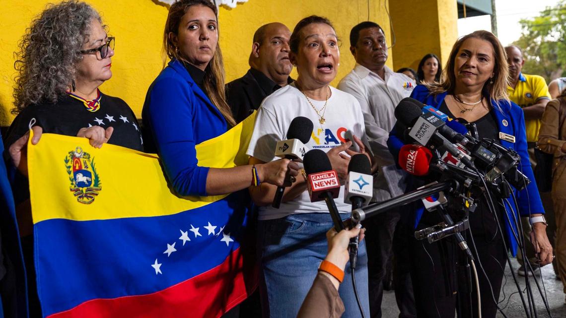 Executive Director of Venezuelan American Caucus, Adelys Ferro, speaks to the media during a press conference held by Venezuelan American Caucus and hosted at El Arepazo on Monday, February 3, 2025, in Doral, Fla.