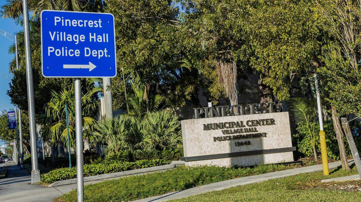 View of entrance on South Dixie Highway to the Pinecrest Village Municipal Center, located at 12645 Pinecrest Pkwy, Pinecrest, FL, United States, Florida, on Wednesday Feb. 4, 2026