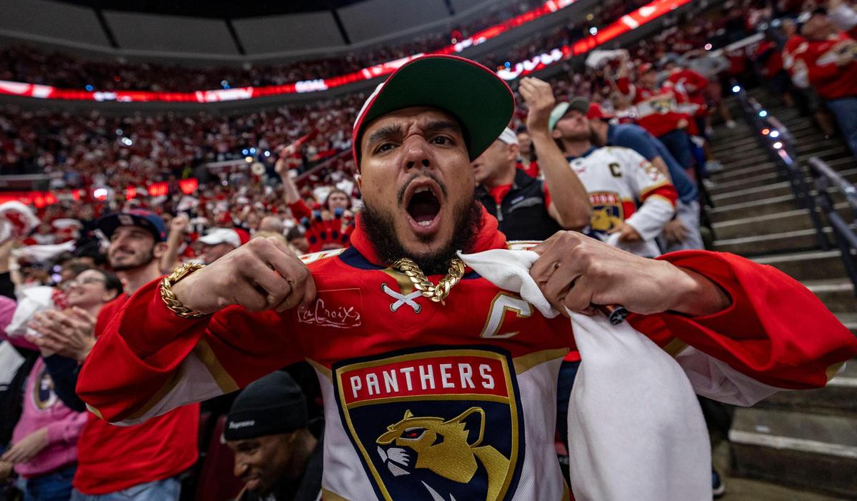 A Panthers fan cheers before the start of the first period of Game 3 in the NHL Stanley Cup Final series versus the Edmonton Oilers at Amerant Bank Arena on Monday, June 9, 2025, in Sunrise, Fla.
