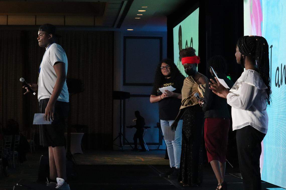 Antonio Brooks, a seventh grader, explains why he enjoys being part of City Life KIX at Youth for Christ Miami’s annual “Be The Story” banquet at the Hilton Miami Airport Blue Lagoon on Saturday, April 2, 2022.