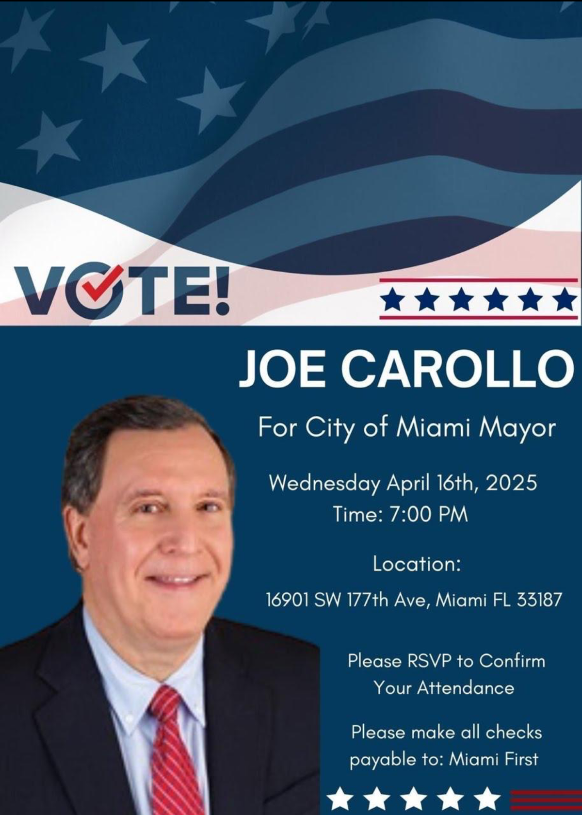 A flyer for a fundraiser for Joe Carollo.